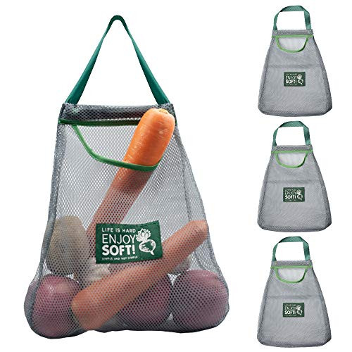 4Pcs Reusable Hanging Mesh Produce Bags EcoFriendly Grocery Bag Vegetable Tote Bag Washable NetZero Bulk Bags for Fruit Toys Potatoes Onions Kitchen Storage Grey