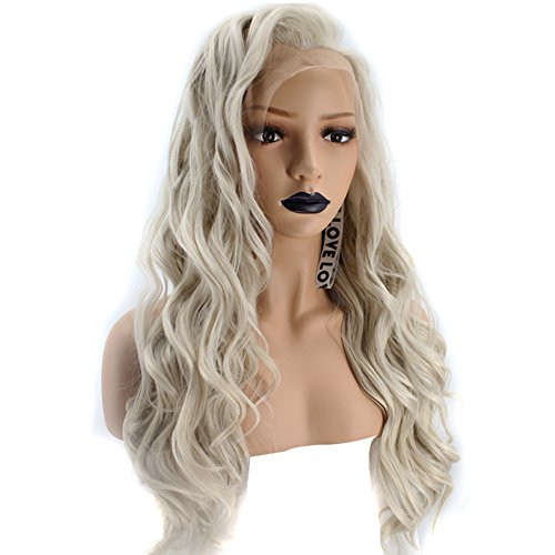 Anogol Hair CapGlueless Platinum Ash Blonde Lace Front Wig Wavy Fashion Long Synthetic Wigs for Women Replacement Hair Wig