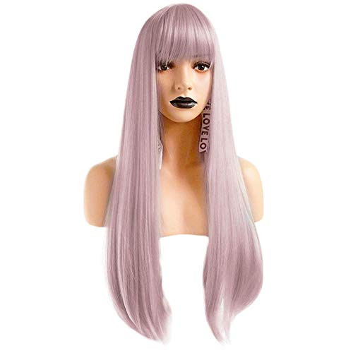 Anogol Hair CapLong Natural Wavy Wigs Light Pink Synthetic Wig With Fringe Bangs Hairstyle For Women Daily Life