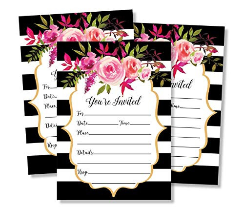 50 Watercolor Pink and Black Floral Invitations and Envelopes (Large Size 5x7) - Fill in Invitations, Wedding Invitations, Bridal Shower Invitations, Rehearsal Dinner, Dinner Invitations, Baby Shower