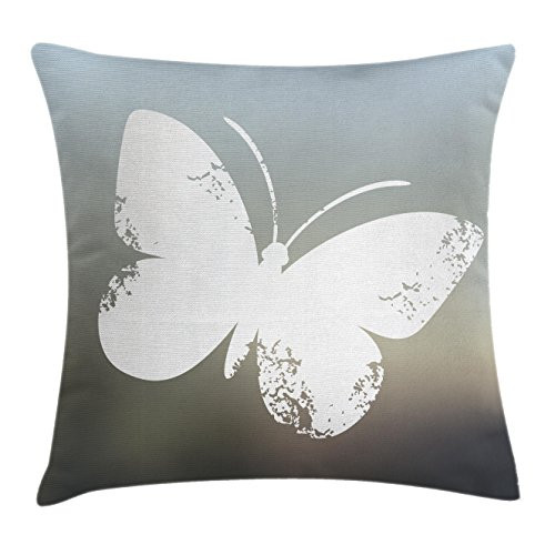 Ambesonne Butterfly Throw Pillow Cushion Cover, Natural Decor Theme Grunge Illustration of Butterfly Decorative Design, Decorative Square Accent Pillow Case, 18 X 18 Inches, White and Light Blue