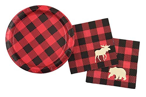 Lumberjack Party Set - 16 Set Plates Napkins Birthday Baby Shower Buffalo Plaid