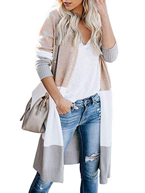 OWIN Long Colorblock Cardigans for Women Loose Open Front Colorblock Sweater Cardigan Lightweight Casual Cardigan Sweater