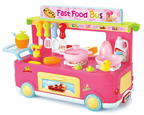 PowerTRC Kitchen Playset Fast Food Bus Kitchen Playset | Pretend Play Foods | Pretend Foods | (Pink)