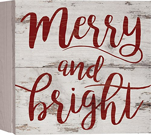 P  Graham Dunn Merry  Bright Script Christmas Whitewash 7 x 7 Wood Boxed Pallet Holiday Tabletop Sign