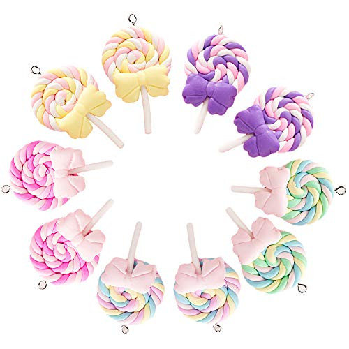 MJartoria 10PCS Colorful Lollipops Pendant Polymer Soft Pottery Ornaments Pendant Charms for Mobile Phone Keyrings Bags Jewelry Making Rainbow Lollipop Cotton Candy 10PCS MulticoloredBow cotton candy