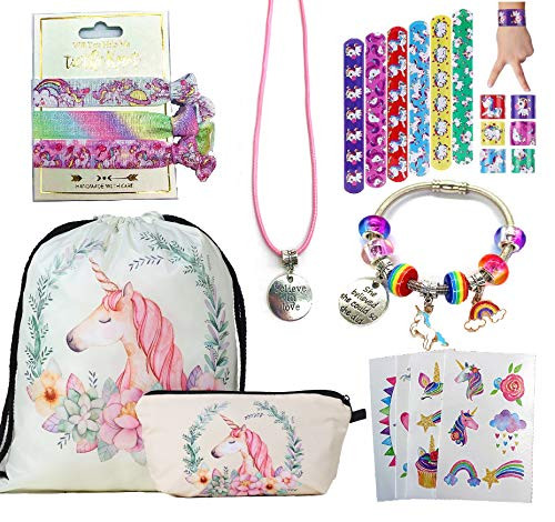 Unicorn Gifts for Girls Teen Unicorn Drawstring Backpack/Make Up Bag/Slap Bracelet/ Jewelry/Necklace/Hair Ties/Sticker Accessories Stuff Party Favors Birthday Gifts Set