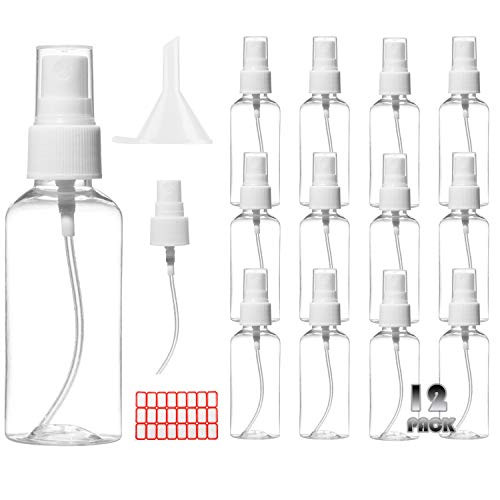 HATOKU 12 Pack 2oz/60ml Mini Plastic Spray Bottles Small Empty Refillable Container Fine Mist Sprayers for Travel Essential Oils Perfumes