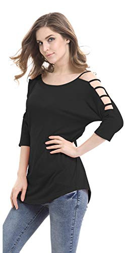 Mooncolour Womens 3/4 Sleeve Hollow Out Casual Loose Solid Blouse TopsUS LargeBlack