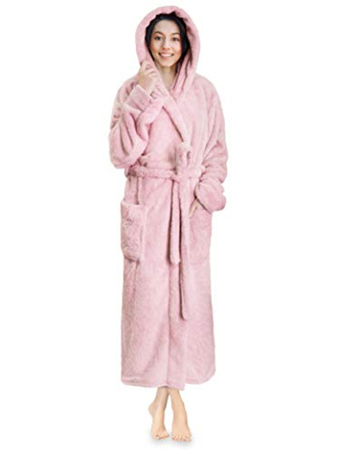 PAVILIA Women Hooded Plush Soft Robe  Fluffy Warm Fleece Sherpa Shaggy Bathrobe S/M Light Pink