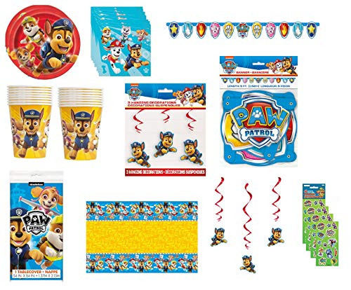 Paw Patrol Birthday Party Bundle for 16 ~ Includes Plates Napkins Cups Table Cover Jointed Banner Hanging Swirl Decorations Stickers