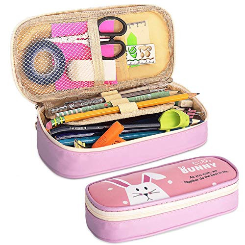 Pencil Case Firesara Large Capacity Pen Case PU Pencil Bag Pouch Pen Pencil Marker Stationery Organizer with Double Zipper Big Storage Compartments for Boys Girls Students School Office Pink