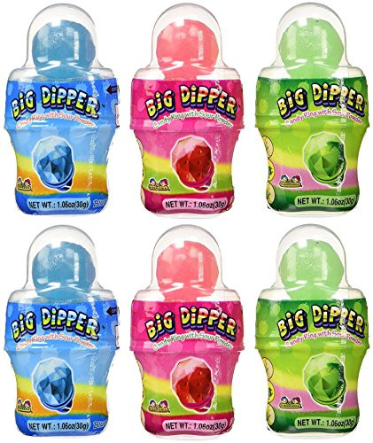 Set of 6 Big Dipper Candy Ring With Sour Powder  Features 3 Different Flavors Including Blue Raspberry Grape and Strawberry