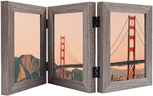 Frametory Hinged Picture Frame with Glass Front Made to Display Three Pictures Stands Vertically on Desktop or Table Top Grey 5x7 Triple