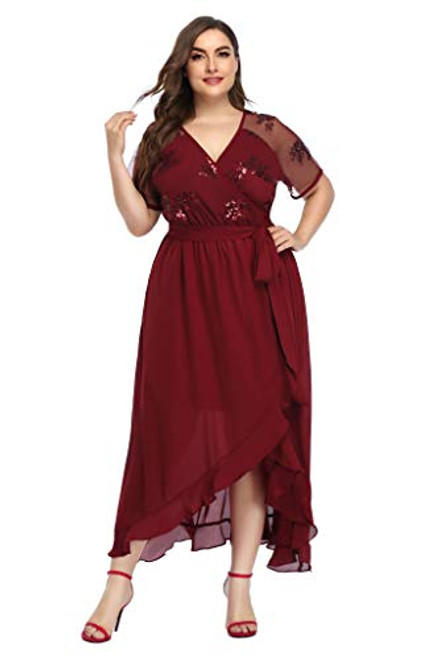 Pinup Fashion Plus Size Dresses for Women Slit High Low Sequin Maxi Dress Bridesmaid Cocktail Asymmetrical Wrap Dress Wine Red