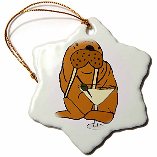 3dRose Cute Funny Walrus Drinking Martini Art Snowflake Ornament, 3"