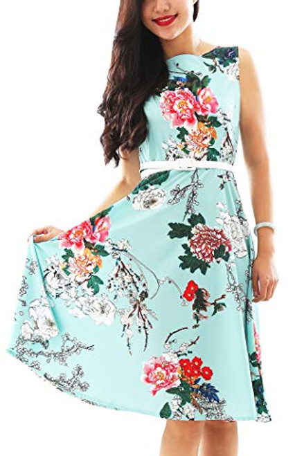 YMING Ladies 50s Floral Print Dress Swing Midi Dress Sleeveless Summer Dress with Belt Green 3XL YMING Ladies 50s Floral Print Dress Swing Midi Dress Sleeveless Summer Dress with Belt Green 3XL