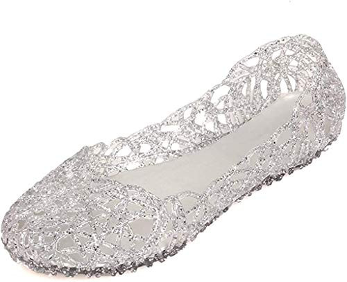 Domucos Womens Sandals Flat Jelly Shoes Slip On Hollow Out Loafers Silver 7 5