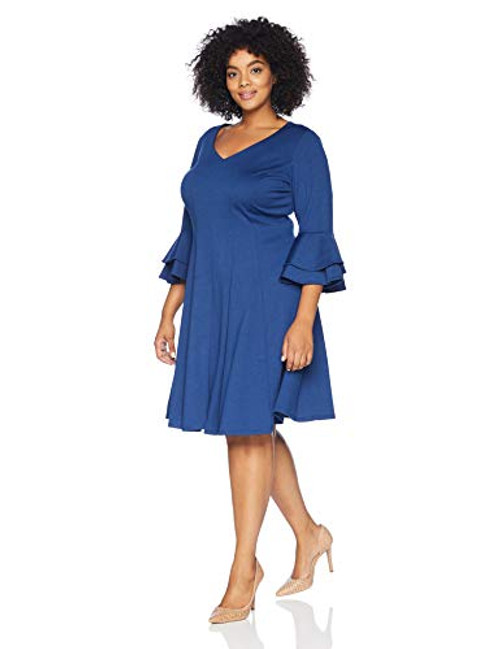 Gabby Skye Women s Plus Size 3/4 Tiered Sleeve VNeck Ponte Fit and Flare Dress Dark Royal 16W