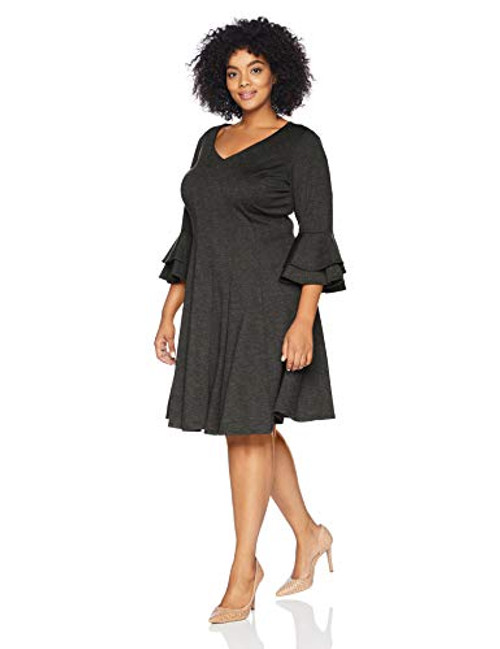 Gabby Skye Women s Plus Size 3/4 Tiered Sleeve VNeck Ponte Fit and Flare Dress Graphite 20W