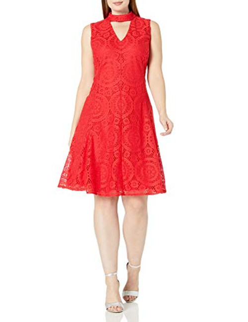 London Times Women s Plus Size Sleeveless Lace Fit  Flare Dress w  Mock Collar red 20W