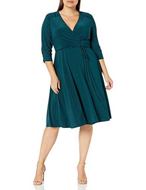 Gabby Skye Women s Plus Size Elbow Sleeve VNeck Solid Fit and Flare Dress Hunter 20W