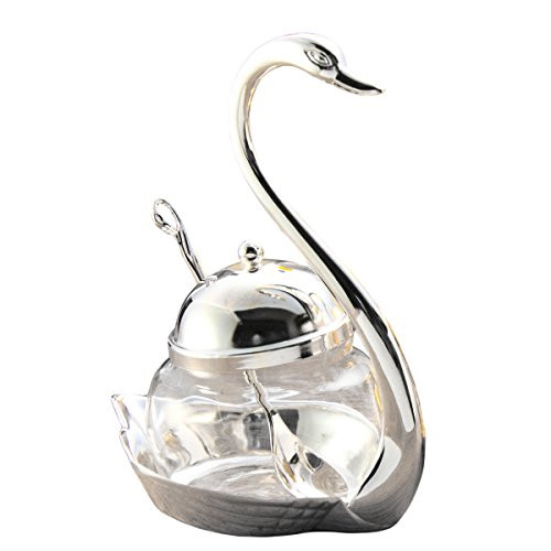 Tea Talent Condiment Pot Seasoning Container Spice Glass Jar Salt Sugar Bowl Pepper Coffee Storage Organizer Swan Rack with Serving Spoon,Silver