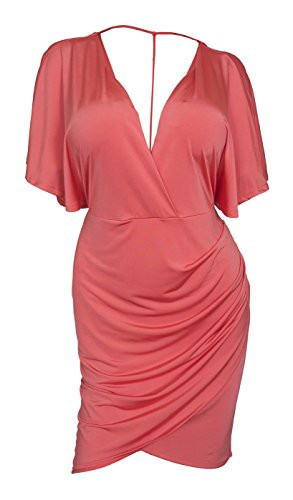 eVogues Plus size Deep VNeck Wrap Bodice Dress Coral 185281X