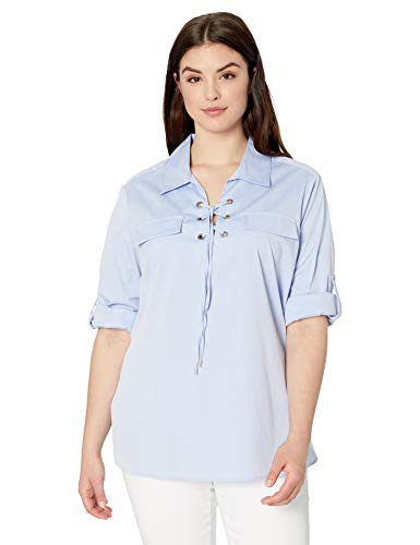 Calvin Klein Women s Plus Size Lace Up Poplin Chambray Blue 0X