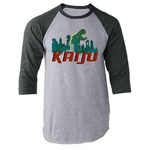 Pop Threads Kaiju Destroying The City Gray L Raglan Baseball Tee Shirt