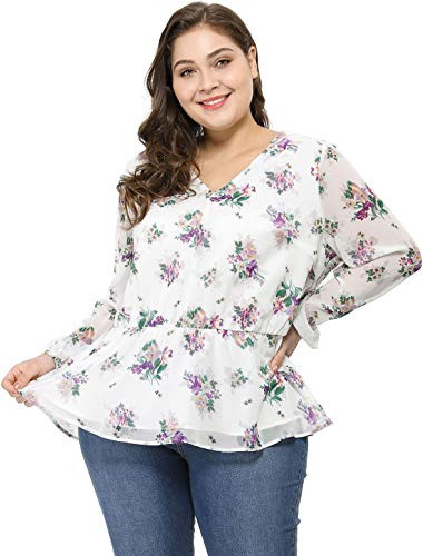 Agnes Orinda Women s Plus Size Long Sleeve V Neck Top Sheer Peplum Chiffon Floral Blouse 3X White