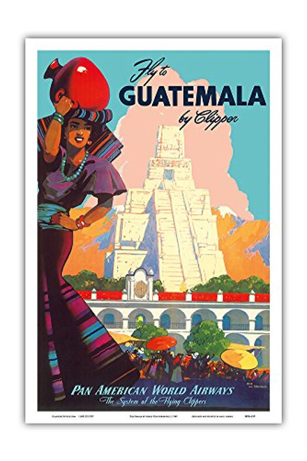 Guatemala by Clipper - Pan American World Airways - Tikal Mayan - Vintage Airline Travel Poster by Mark Von Arenburg c.1949 - Master Art Print - 12in x 18in Guatemala by Clipper - Pan American World Airways - Tikal Mayan - Vintage Airline Travel Poster by Mark Von Arenburg c.1949 - Master Art Print - 12in x 18in