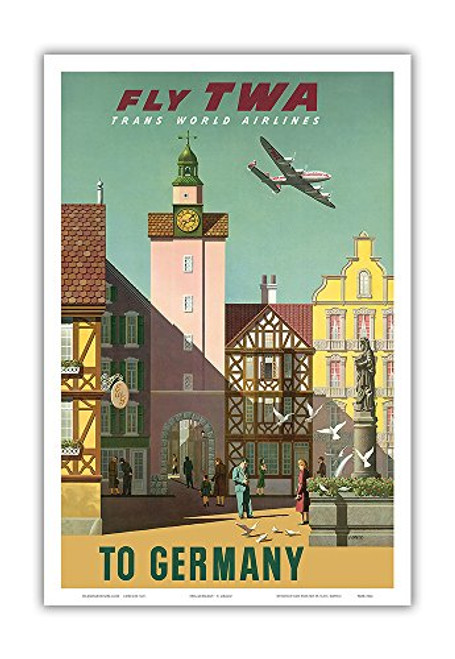 Pacifica Island Art Germany - Fly TWA Trans World Airlines - Vintage Airline Travel Poster by S. Greco c.1950s - Master Art Print - 12in x 18in Pacifica Island Art Germany - Fly TWA Trans World Airlines - Vintage Airline Travel Poster by S. Greco c.1950s - Master Art Print - 12in x 18in