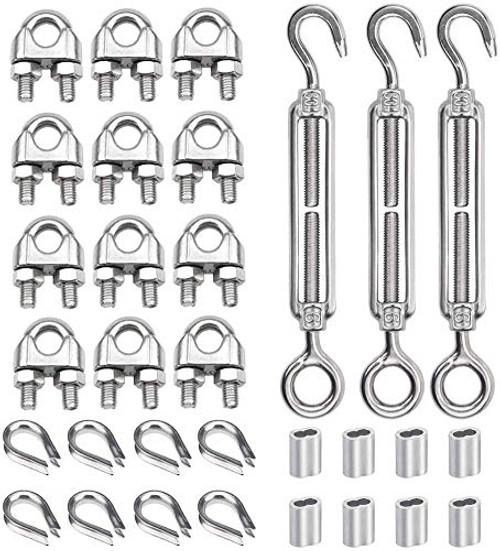 Wire Rope Accessory Set Including Turnbuckle Wire Rope Cable Clip/Clamp Thimble Aluminum Crimping Loop for 3/16  Wire Rope Cable  304 Stainless Steel