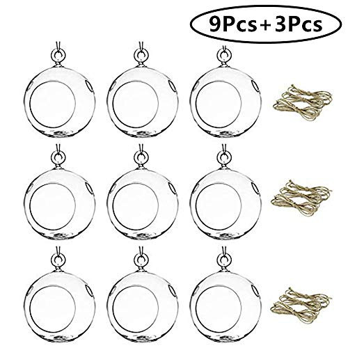 Sfeexun Pcs of 9 Package Improved Hanging Glass Tealight Holder Globe Plant Terrariums/Glass Orbs Air Plants Tea Light Candle Holders Home Decor Indoor Outdoor Garden (with 2 Holes, 9 Pcs + 3 Pcs)