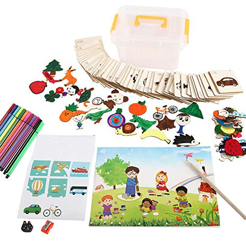 WINGOFFLY DIY Art Craft Kits Drawing Stencil Set for Kids with Water Color Pen, Carrying Art Case, Pencil Sharpener, 56pcs Children Painting Stencil Templates