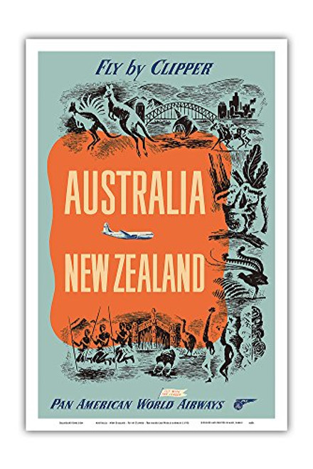 Australia - New Zealand - Fly by Clipper - Pan American World Airways - Vintage Airline Travel Poster c.1951 - Master Art Print - 12in x 18in Australia - New Zealand - Fly by Clipper - Pan American World Airways - Vintage Airline Travel Poster c.1951 - Master Art Print - 12in x 18in