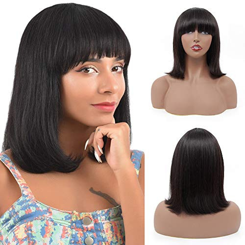 Straight 10 inch Short Bob Wig Brazilian Virgin Human Hair Wigs with Bangs 150 Density None Lace Front Bob Machine Made Wigs for Black Women Natural Black Wig with Bangs
