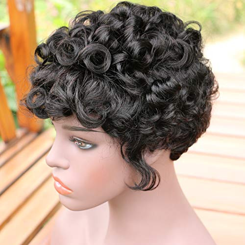 AILIMEI Afro Curly Short Wigs 150 Density Human Hair Natural Black Curly Wigs with Bangs Pixie Cut Wigs for Black Women1B