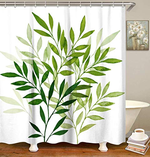 LIVILAN Shower Curtain Set with 12 Hooks Leaf Print Bath Curtain Home Decorations Fabric Home Curtain Mildew Resistant Machine Washable Privacy Curtain, 70.8 X 70.8 Inch White Green