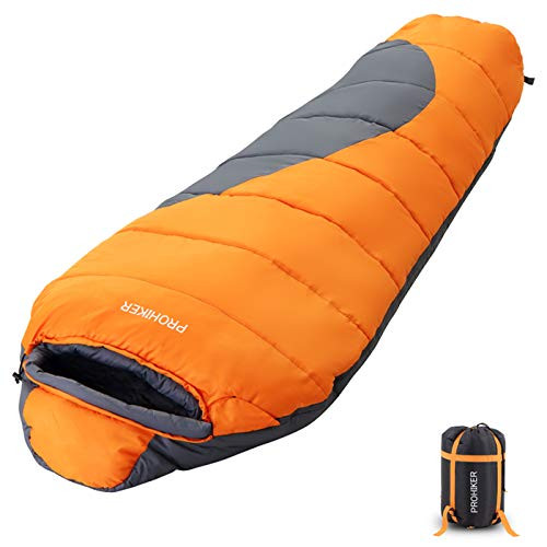 PROHIKER Mummy Sleeping Bag Lightweight for Adults Cold Weather Waterproof 4 Season for Camping Hiking with Compression Sack Backpacking Sleeping Bag for Adults  Kids Orange
