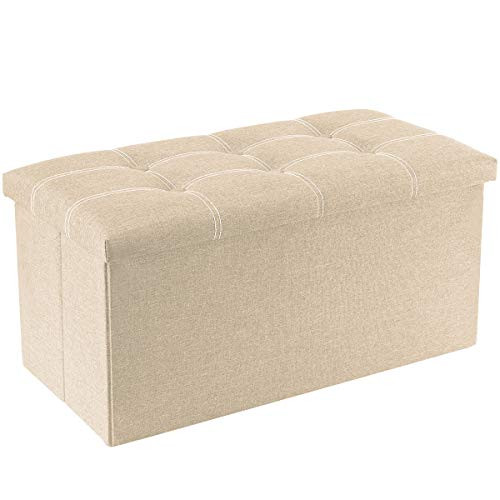 YOUDENOVA 30 inches Storage Ottoman Bench Foldable Footrest Shoe Bench with 80L Storage Space End of Bed Storage Seat Support 350lbs Linen Fabric Beige