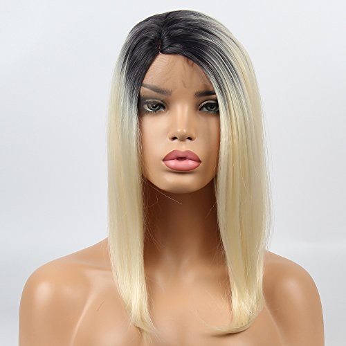 vvBing Shoulder Length Hair Short Blonde Bob Lace Front Wigs Glueless Synthetic Wigs 2Tones Ombre Dark Roots to Blonde Short Hair Natural Looking Straight Heat Resistant Blonde Bob Wigs 14inch
