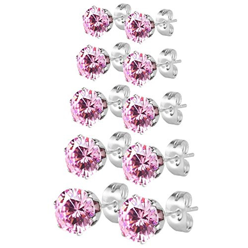 JewelrieShop Earrings for Women Studs Set Stainless Steel CZ Earing Hypoallergenic Multiple Piercing Ear Stud 5 Pairs 37mm Pink CZ Silver Post4 Prong JewelrieShop Earrings for Women Studs Set Stainless Steel CZ Earing Hypoallergenic Multiple Piercing Ear Stud 5 Pairs 37mm Pink CZ Silver Post4 Prong
