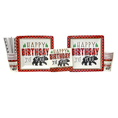 Little Lumberjack Birthday Party Supplies Pack for 16 Guests: Straws, Dinner Plates, Luncheon Napkins, and Cups