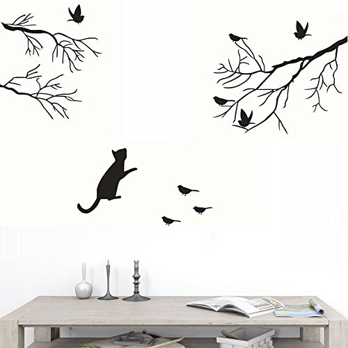 BIBITIME Vinyl Black Cat Staring at Birds on Tree Branch Wall Decal for Living Room Glass Door Window Nursery Bedroom Children Kids Baby Rooms Decor Home Art Murals