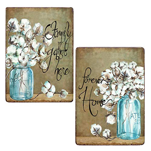 PXIYOU Rustic Cotton Blossoms in Mason Jar Vintage Metal Sign Farmhouse Bathroom Wall Art Country Home Decor 2pcs8X12Inch