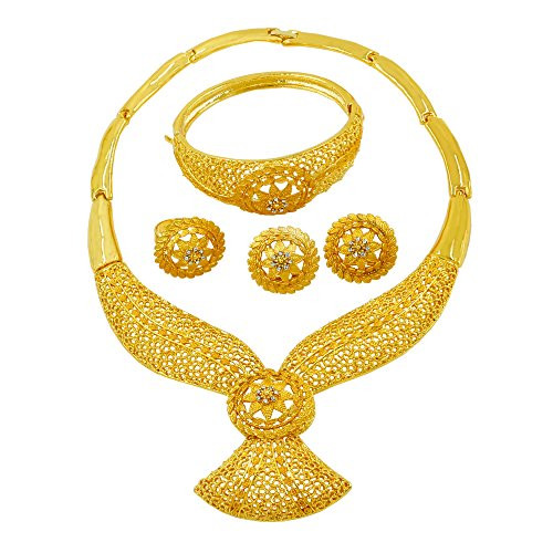 Gold Jewelry Set Dubai African Jewelry Sets for Women 24 K Hollow Golden Luxury Necklace Earrings Bracelet Ring Set for Lady Wife Mother Gold Jewelry Set Dubai African Jewelry Sets for Women 24 K Hollow Golden Luxury Necklace Earrings Bracelet Ring Set for Lady Wife Mother