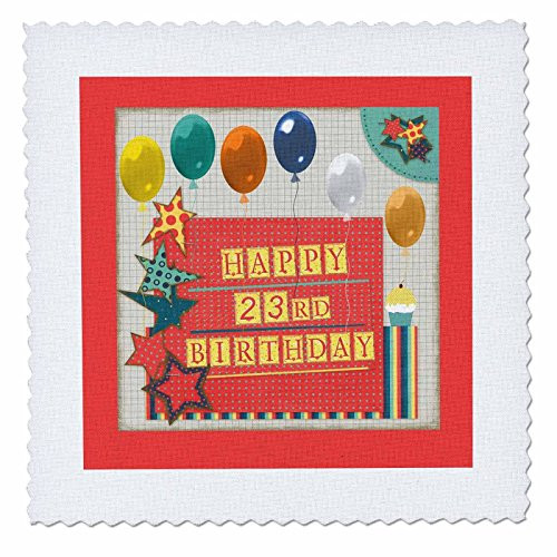 3D Rose 23Rd Birthday Balloons Cupcake Stars Block Letter Orange Green Square Quilt 25 x 25