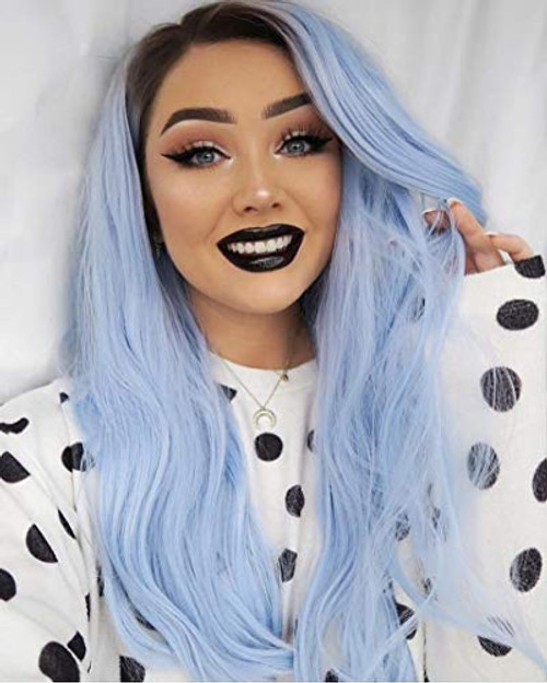 RainaHair 24inches Black Roots To Light Blue Lace Front Wig Long Natural Wave Synthetic Wigs for Women Drag Queen Party Heat Resistant Glueless Wig RainaHair 24inches Black Roots To Light Blue Lace Front Wig Long Natural Wave Synthetic Wigs for Women Drag Queen Party Heat Resistant Glueless Wig